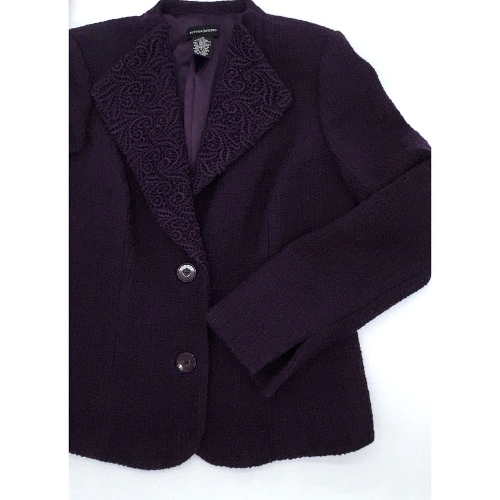 Sutton Studio Purple Boucle Blazer Embroidered Guipure Lace Lapel Women's Sz 10 - Picture 3 of 9